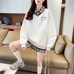 First shot of the real-time collar twill, thin top POLO collar plaid sweatshirt, women's long-sleeved jacket