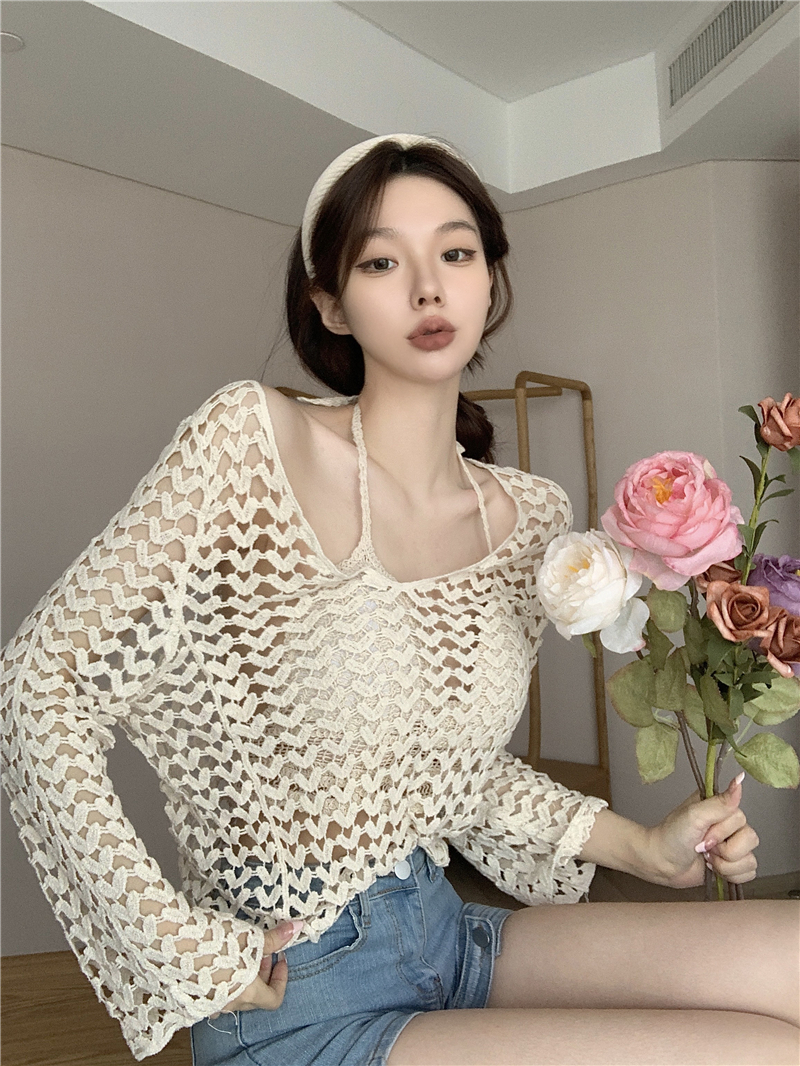 Hollow long-sleeved sunscreen sweater for women in summer loose thin V-neck pullover