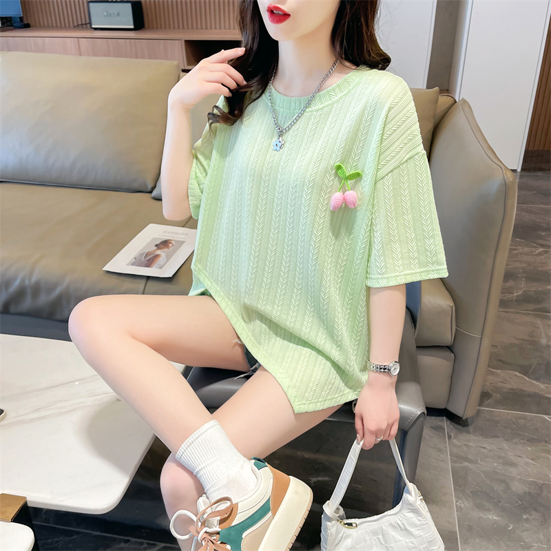 First release real-life jacquard back bag collar Korean version summer contrast printed short-sleeved T-shirt for women