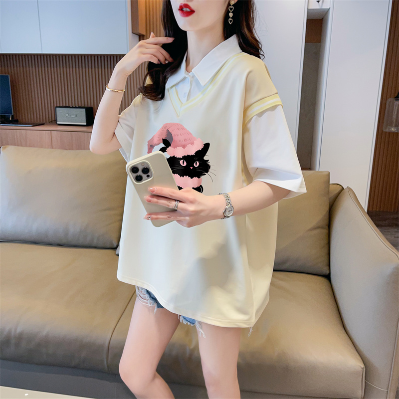 首發實拍斜紋拉架假兩件短袖T恤女夏新款寬鬆上衣潮牌質量