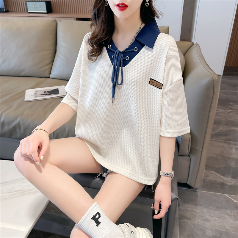 首發實拍華夫格後包條質量 印花短袖t恤女寬鬆大碼上衣