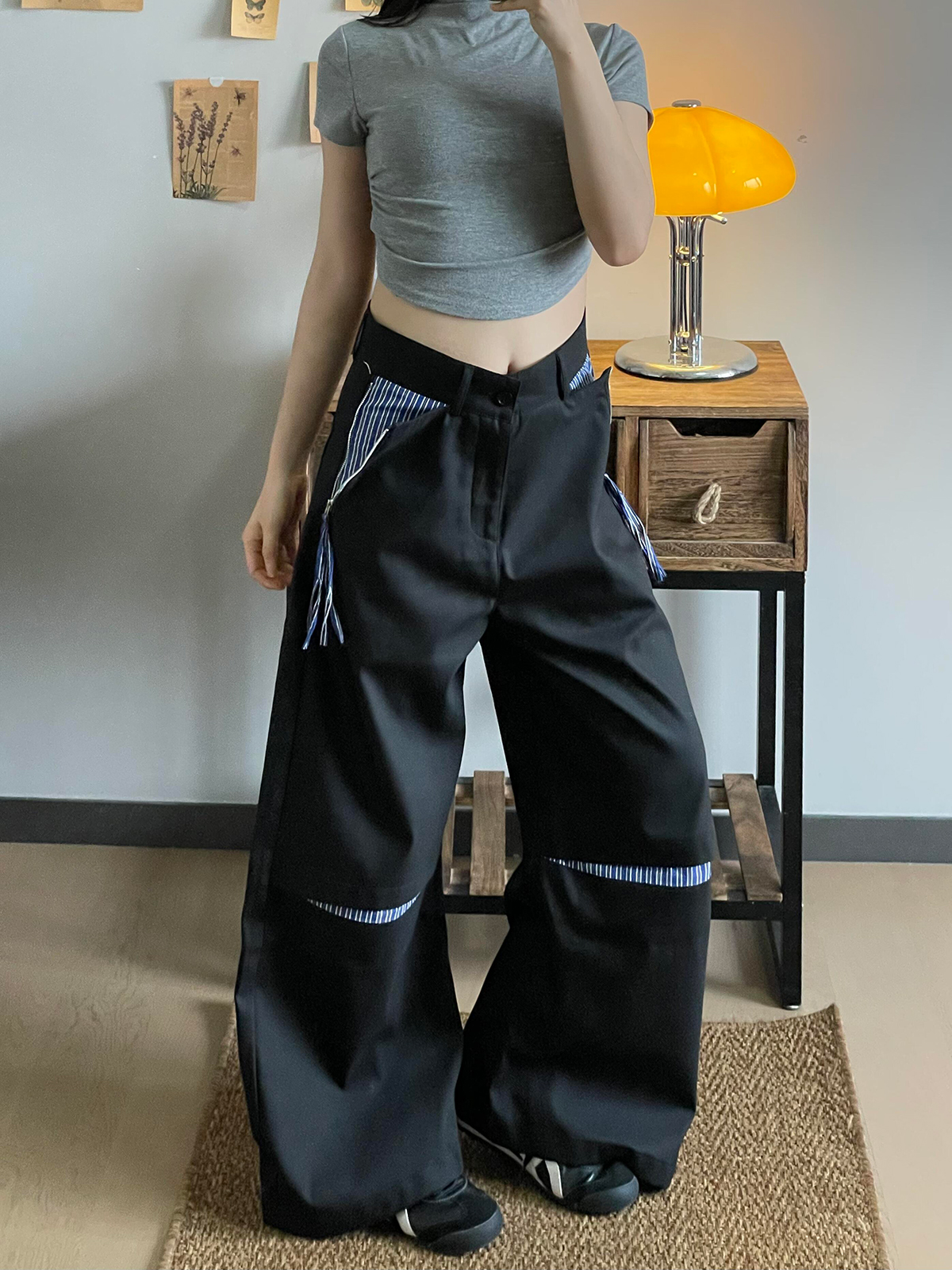 ，西裝腰頭#新款破口拼接條紋綁帶西裝褲休閒褲2025早春