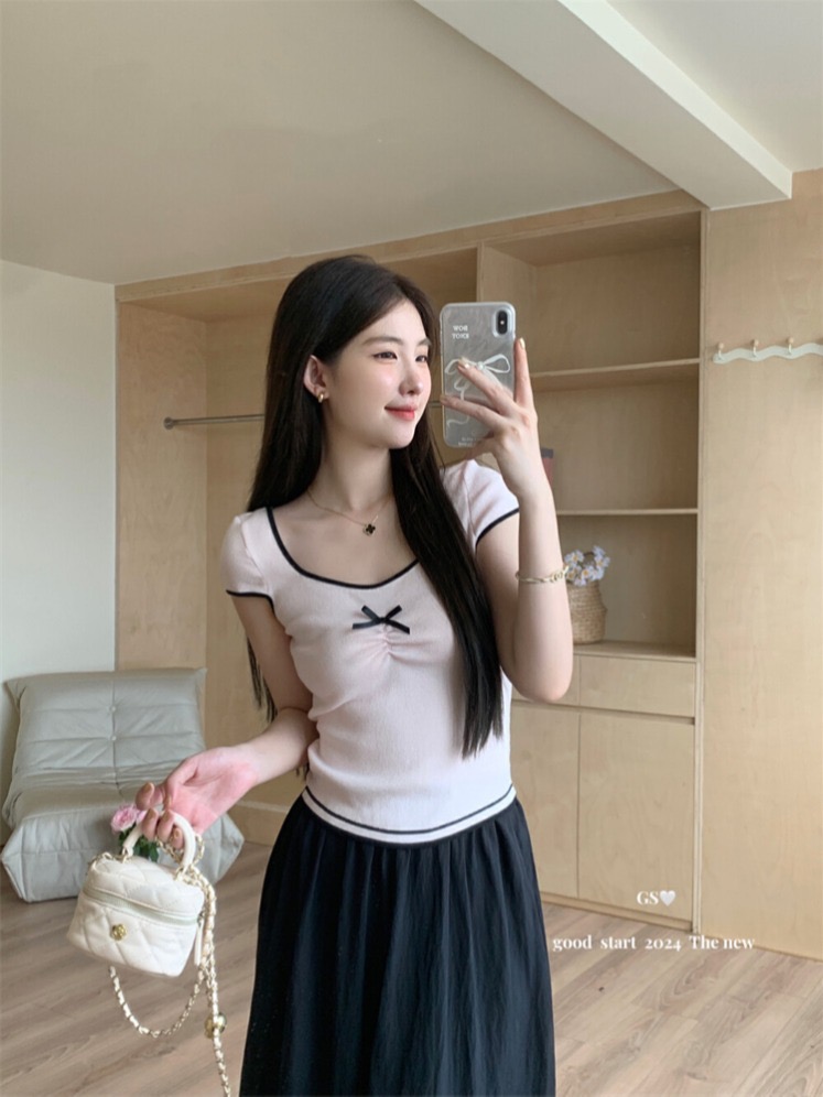 Korean contrasting color design niche bow small short top summer slim fit knitted short sleeves