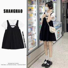 2025夏季新款學院風假兩件背帶連衣裙娃娃領甜美襯衫吊帶裙小個子