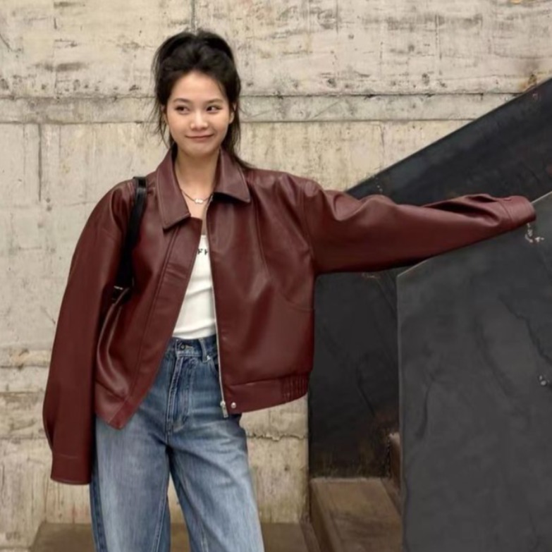 Women's High-End Korean Leather Jacket, New Style, Spring Casual Short Length, Red Leather Biker Jacket Top for Petite Women