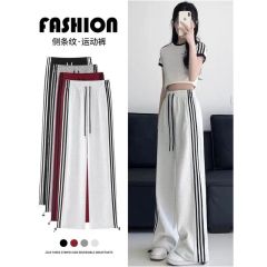 白灰色條紋衛褲女春夏季新款小個子闊腿直筒褲休閒寬鬆運動褲