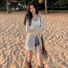 鏤空外穿防曬設計感針織衫早春秋新款顯瘦長袖小眾系帶開衫外套女