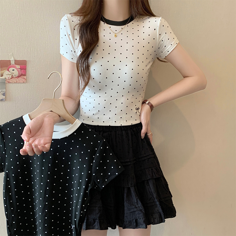 Real shot 92 cotton 8 spandex back collar polka dot color collar hem bow embroidered short-sleeved T-shirt for women
