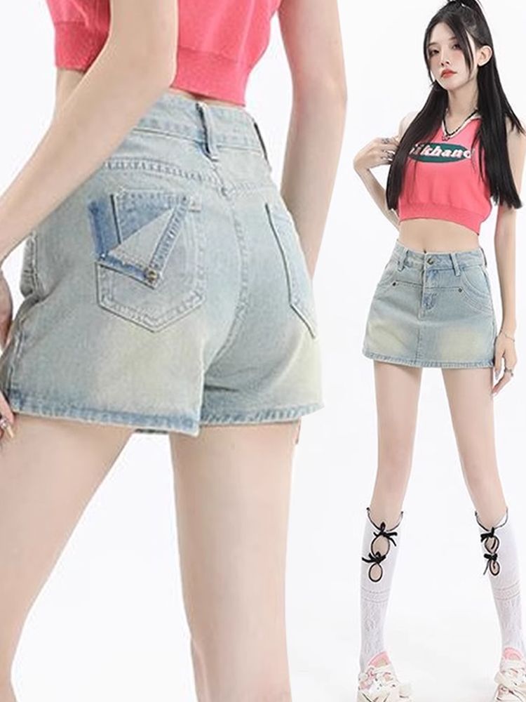 美式辣妹磨白牛仔褲裙女夏季新款設計感高腰顯瘦a字熱褲半身裙ins