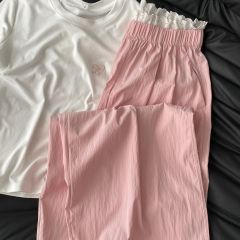 2025 summer new lace stitched casual pants for women Korean version of polka dot design versatile draping slimming wide-leg pants