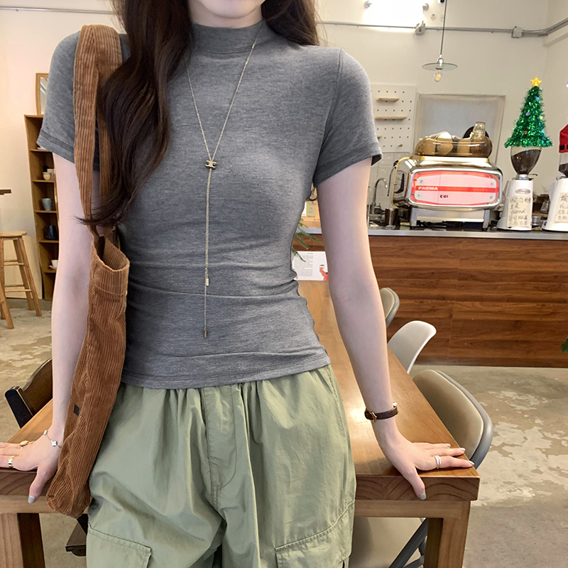 Real photos unique and beautiful half-high neck front shoulder short-sleeved T-shirt for women in spring and summer new slim inner base top