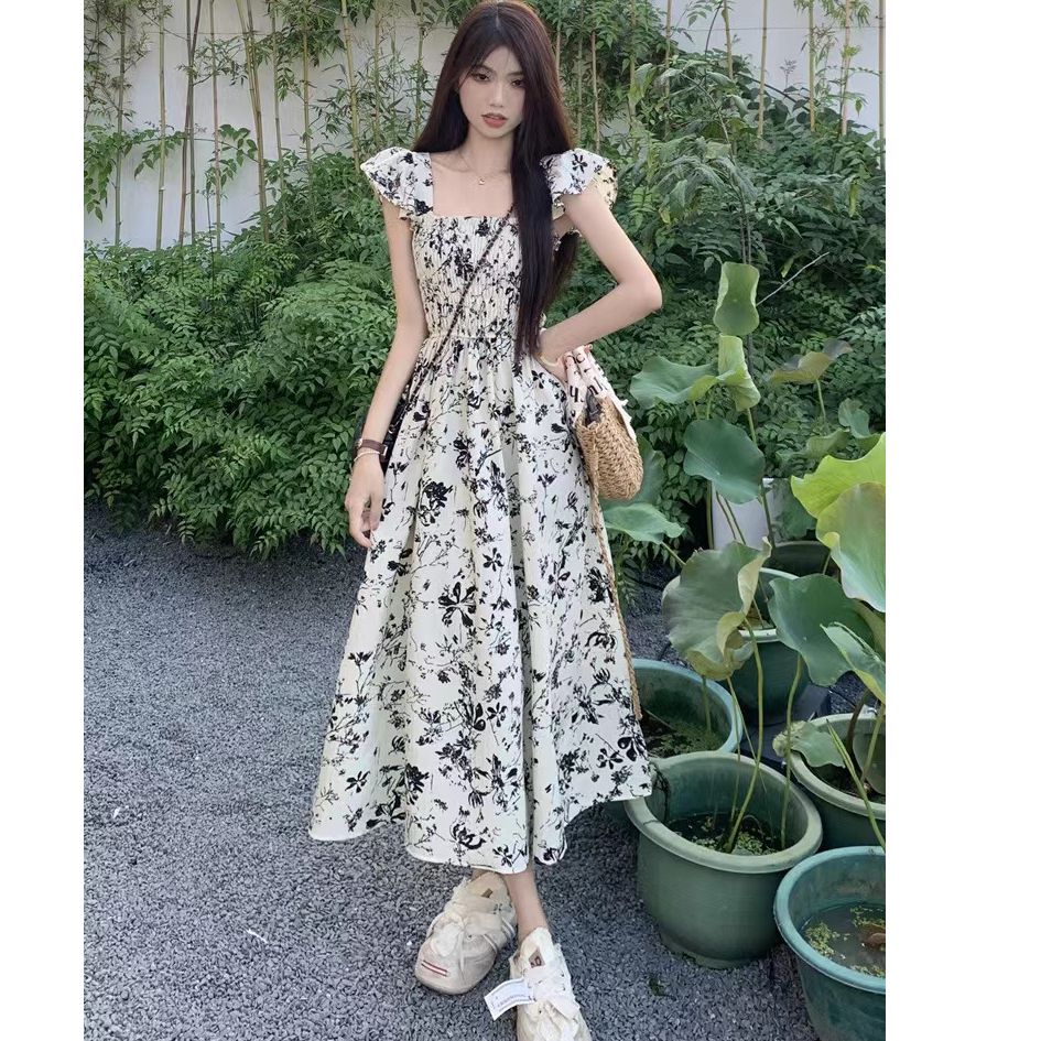 Super Xiansen dress, new summer small flying sleeves, sweet temperament and gentle style French floral midi skirt
