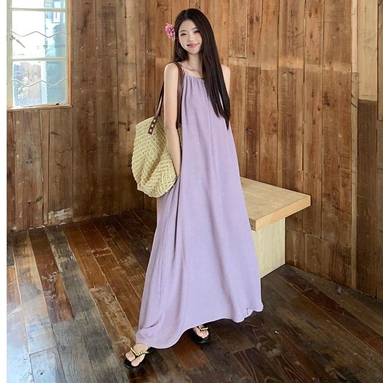 法式初戀溫柔紫色掛脖吊帶連衣裙夏季女度假風寬鬆顯瘦A字長裙子