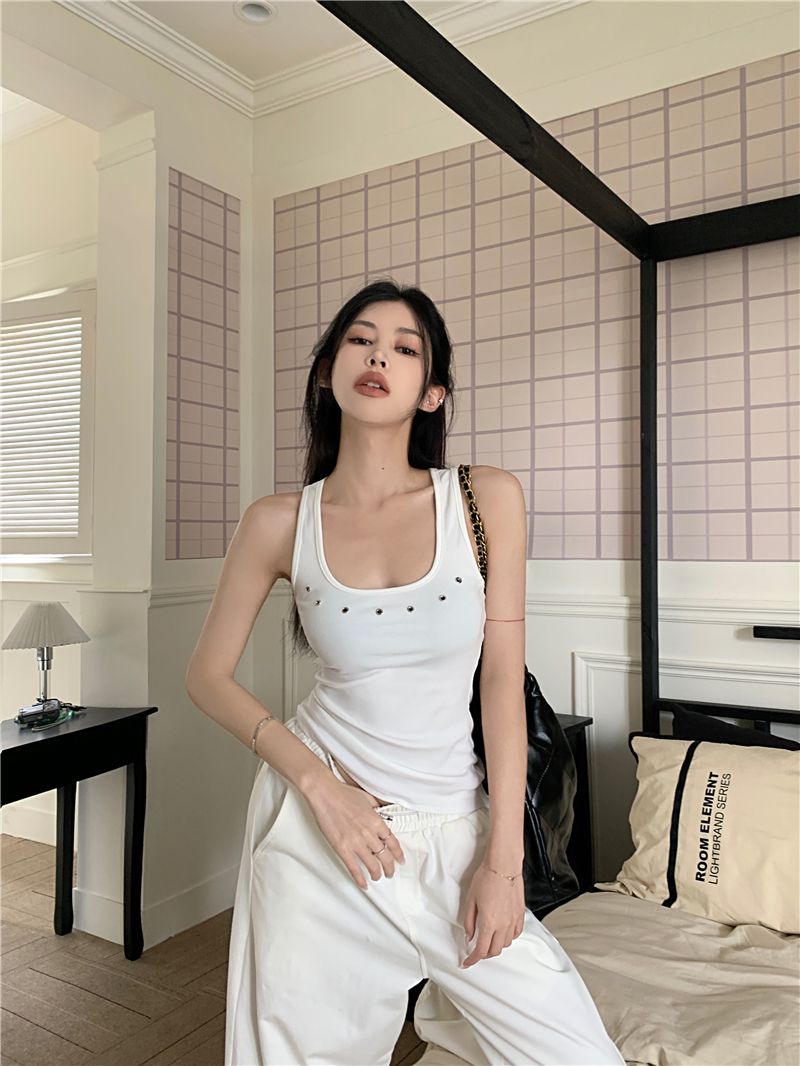 時尚女裝微胖工字吊帶背心夏季外穿辣妹小眾設計感無袖鏤空上衣女