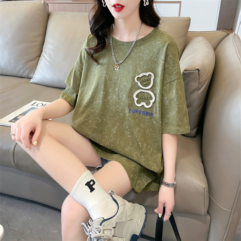 First-time real-time pure cotton plain strip quality printed short-sleeved T-shirt women's loose large-size top
