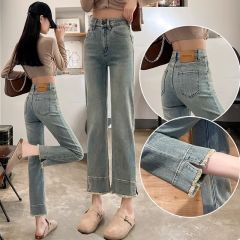 淺藍色開叉煙管牛仔褲女2025潮流新款小個子毛邊復古窄版直筒