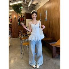 Original workmanship white bow suspender vest for women's spring lace lace hem slim layered inner top