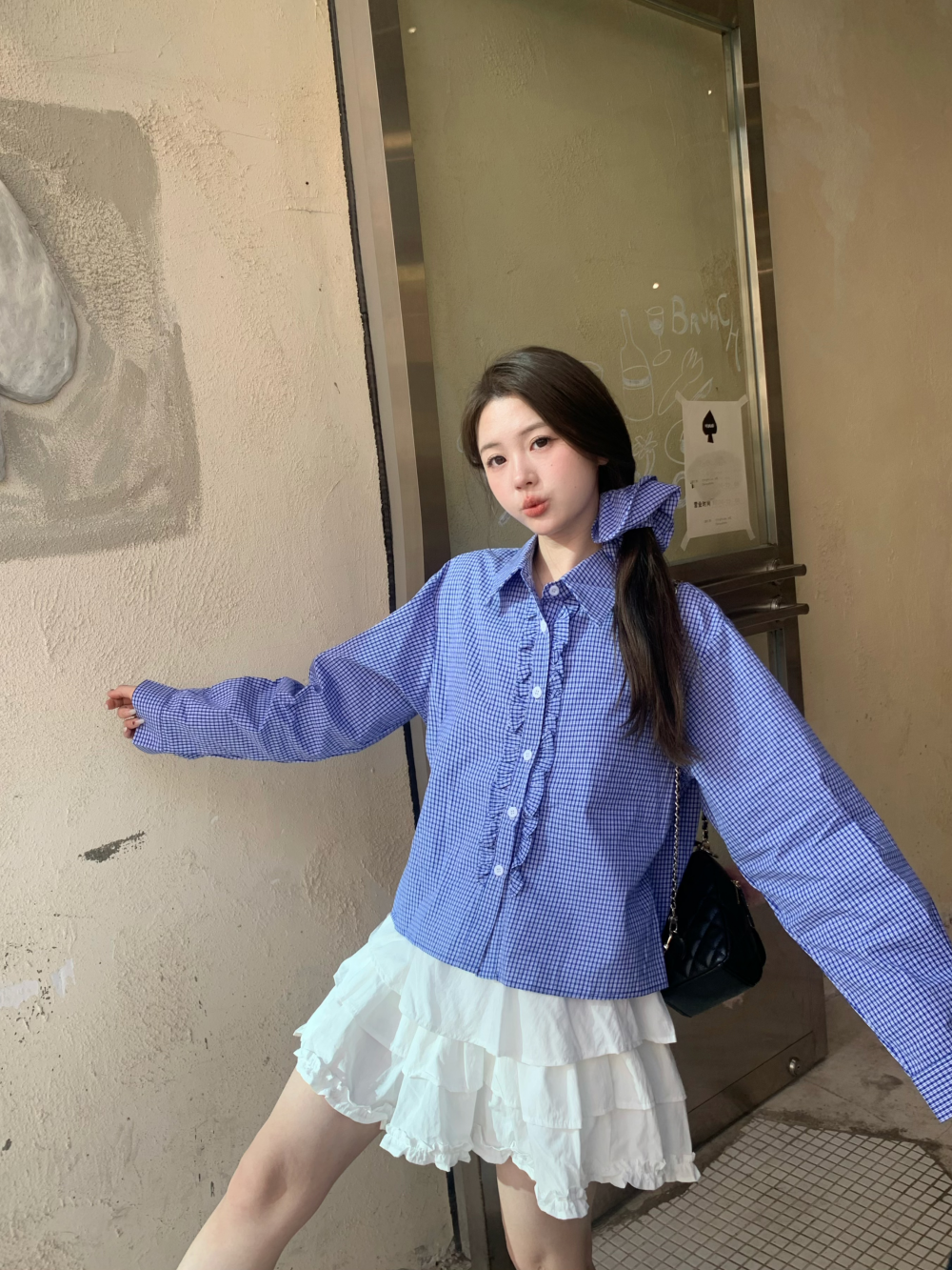 Real photo of Meila blue plaid wood earrings loose shirt + irregular high waist skirt two-piece set - send a loop