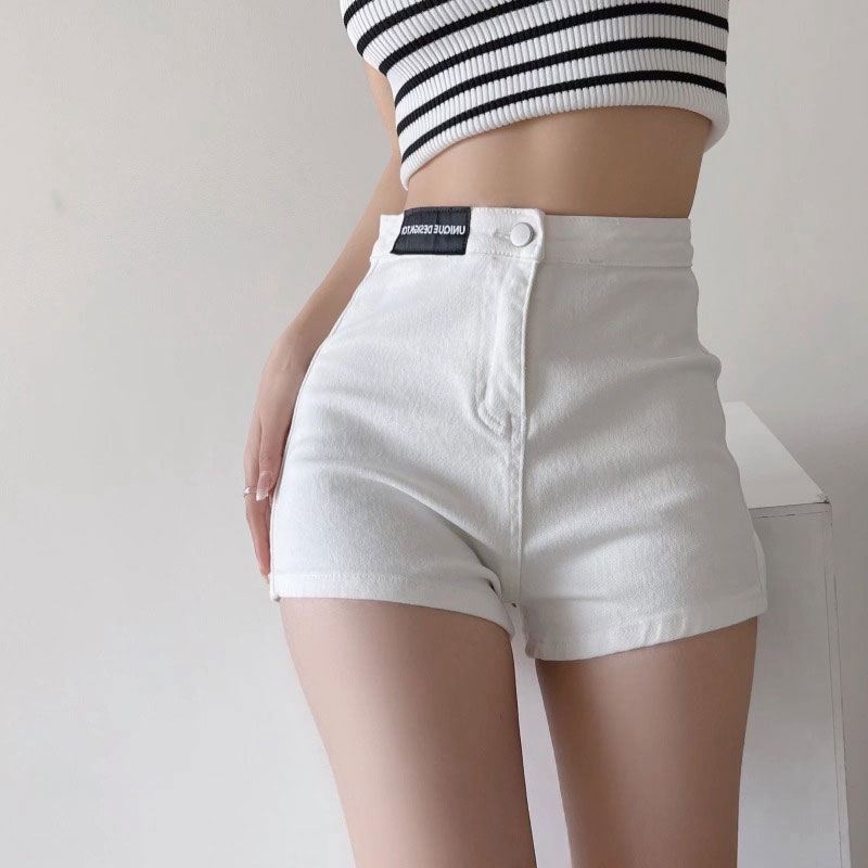 2025 Summer Label High-Waisted Fitted Hot Pants for Women with A-Line Elastic Denim Shorts