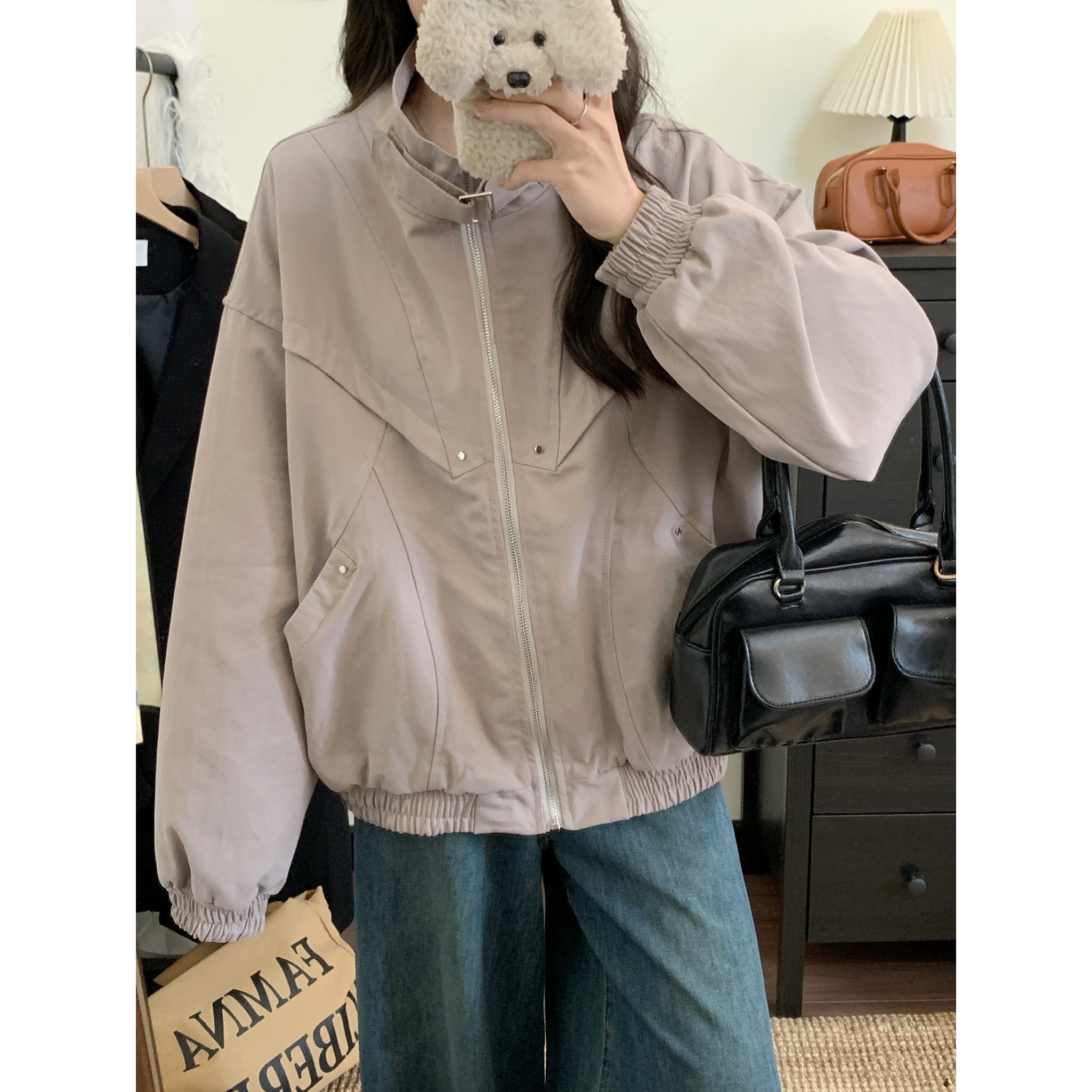 實拍美式立領柳釘工裝夾克春款女設計感重磅廓形解構休閒短外套