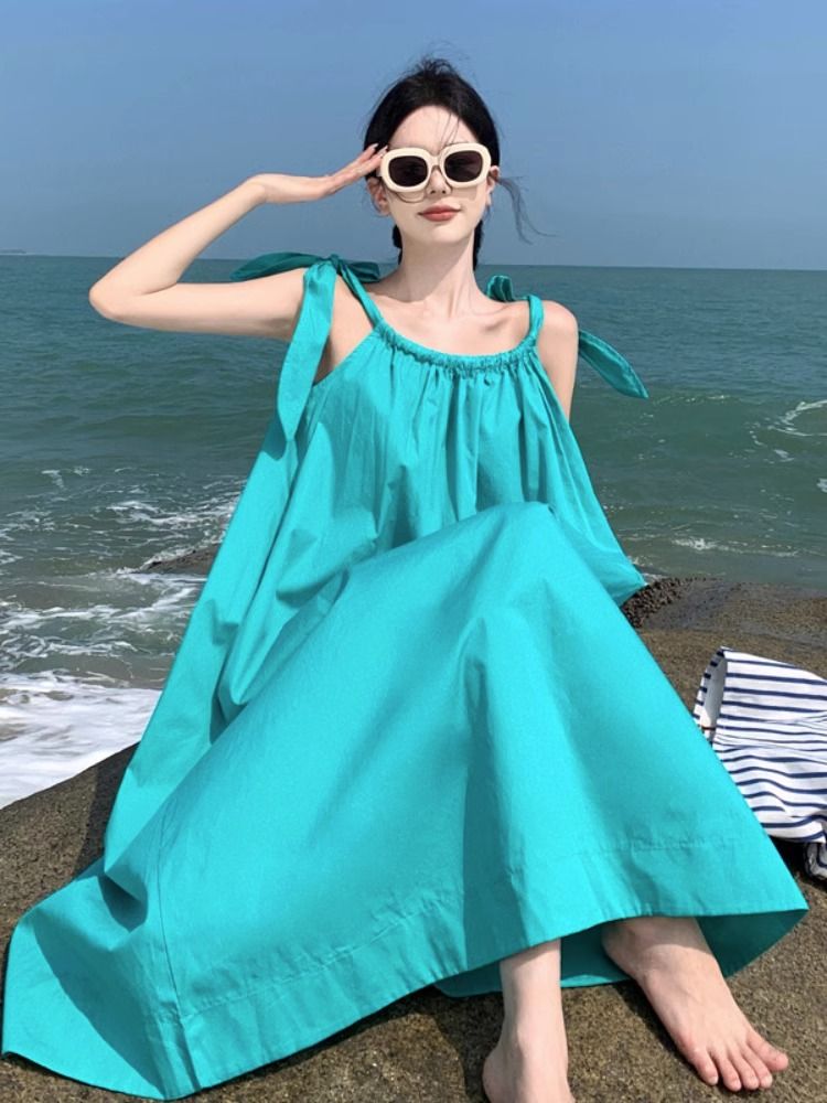 New summer sweet loose slim design lace-up green suspender dress for women's seaside vacation long skirt
