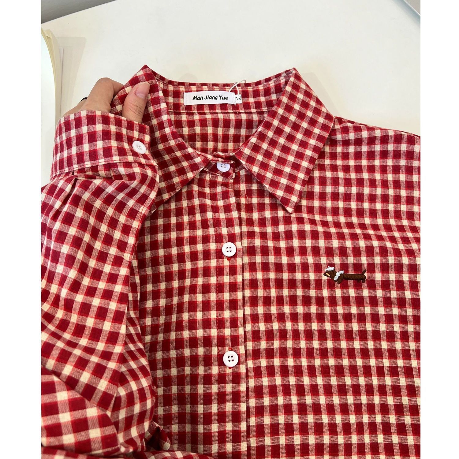 American dachshund puppy red plaid shirt for women in spring 2025 new loose versatile long-sleeved jacket
