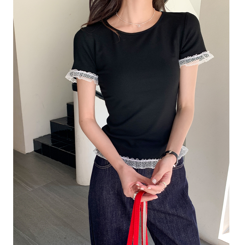 Lace spliced ​​short-sleeved T-shirt for women 2025 summer new design niche and fashionable versatile pure cotton top