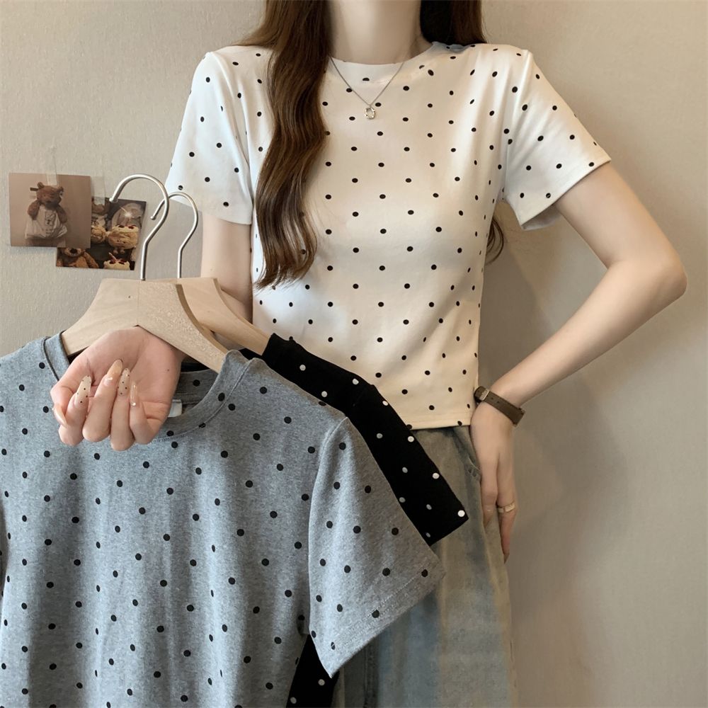 Real shot 40 pure cotton 210g 92 cotton/8 spandex Short-sleeved T-shirt for women's cloth printed polka dots