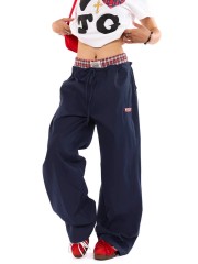 美式大碼女裝拼接假兩件休閒褲女秋冬新款設計感雙腰頭運動闊腿褲