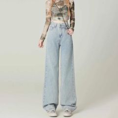 百搭韓版高腰設計感交叉牛仔褲女春秋季新款顯瘦直筒拖地牛仔褲