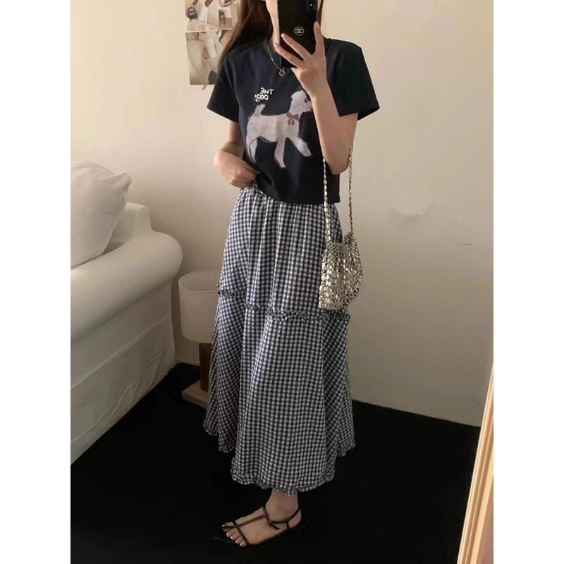 韓系ins復古格子裙女木耳邊拼接高腰百搭蛋糕鬆緊腰半身裙