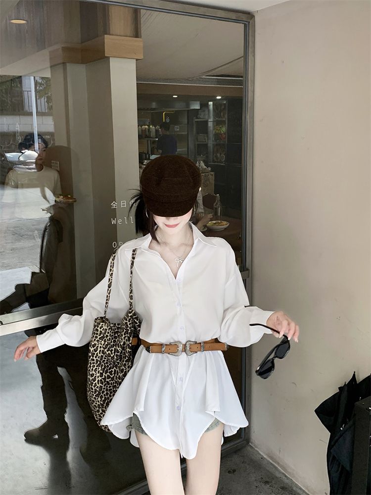 2025春裝polo領寬鬆長袖連衣裙女裝新款不規則甜酷襯衫裙短裙子潮