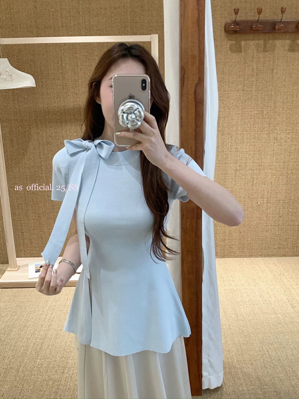 Genuine bow knitted short-sleeved 2025 spring and summer new lace-up ice silk sweet niche chic slim T-shirt