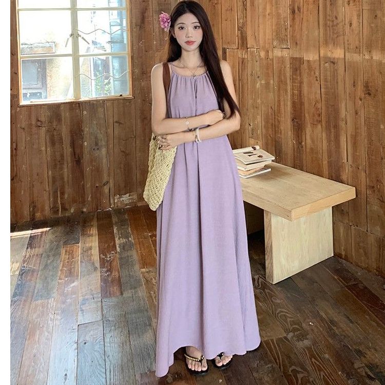 法式初戀溫柔紫色掛脖吊帶連衣裙夏季女度假風寬鬆顯瘦A字長裙子