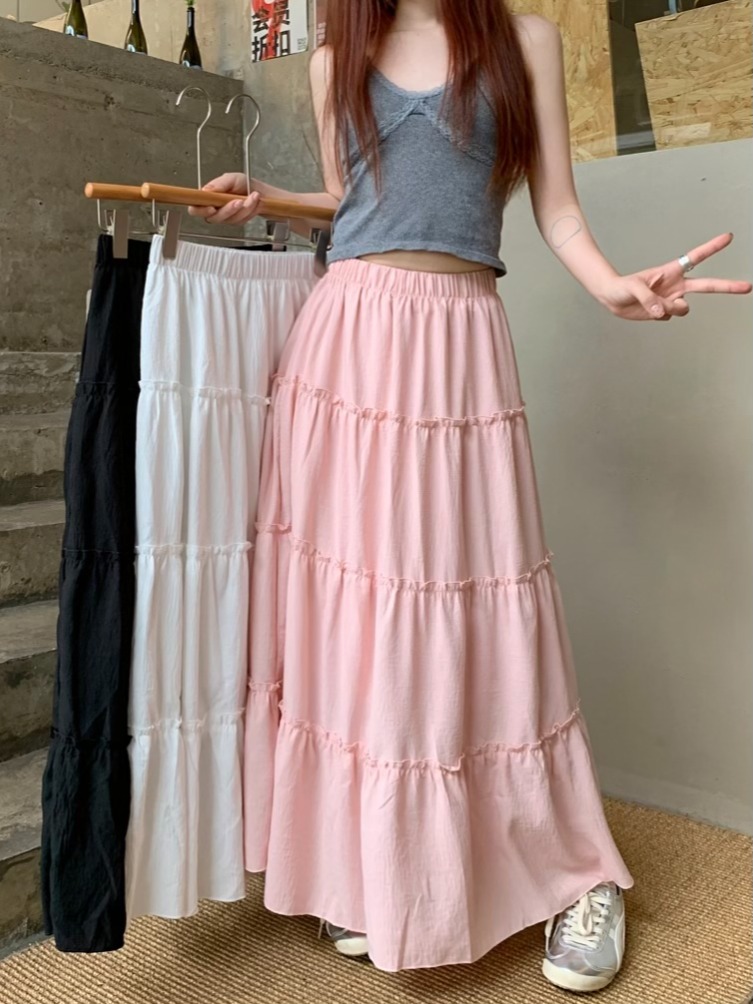 Real shot New Korean version sweet high waist slim wooden ear cake skirt A-line large umbrella skirt skirt