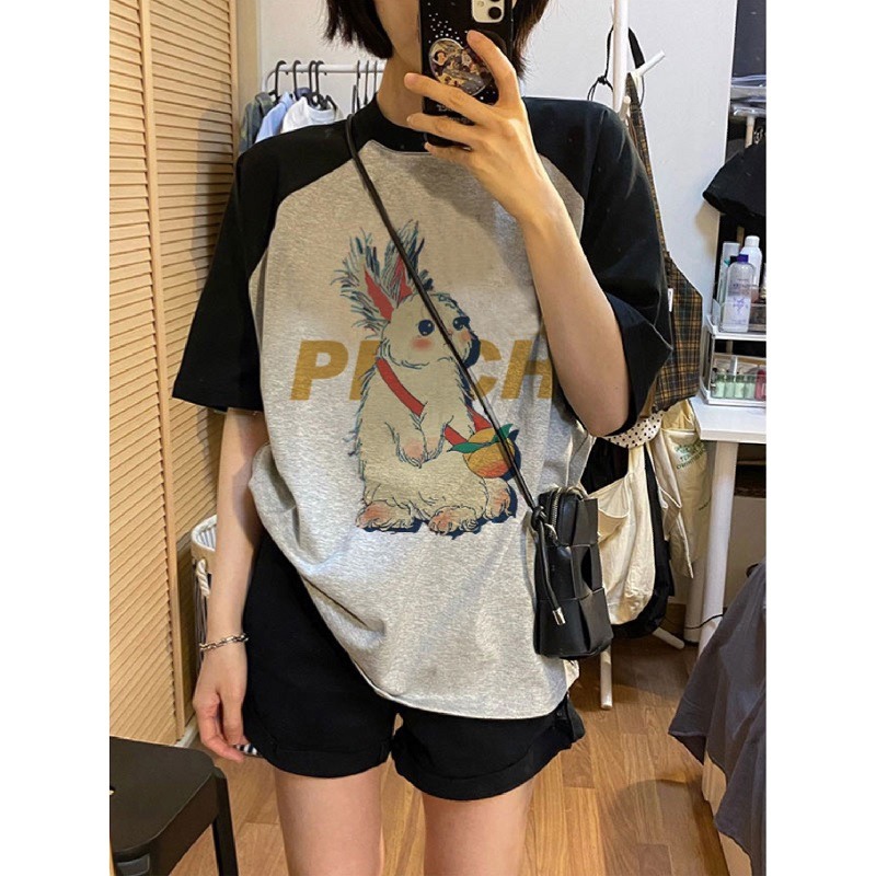 Printed pure cotton 210g combed tight back bag collar 240 catties large size design sweet T-shirt