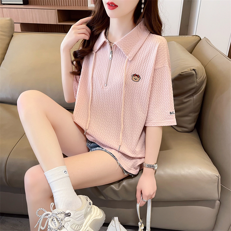 First release real-life jacquard back collar Korean version short-sleeved embroidered OP neck short-sleeved T-shirt for women