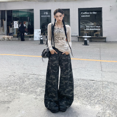 2025年春季新款迷彩工裝褲女美式高腰寬鬆休閒闊腿牛仔褲喇叭褲子