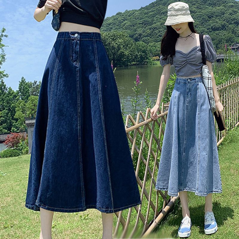 Denim skirt women's medium-length A-line skirt 2025 new spring high-waisted umbrella skirt dress half skirt long skirt summer