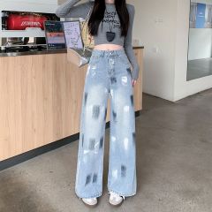 實拍 美式復古闊腿牛仔褲女春季新款做舊垂感寬鬆拖地褲長褲