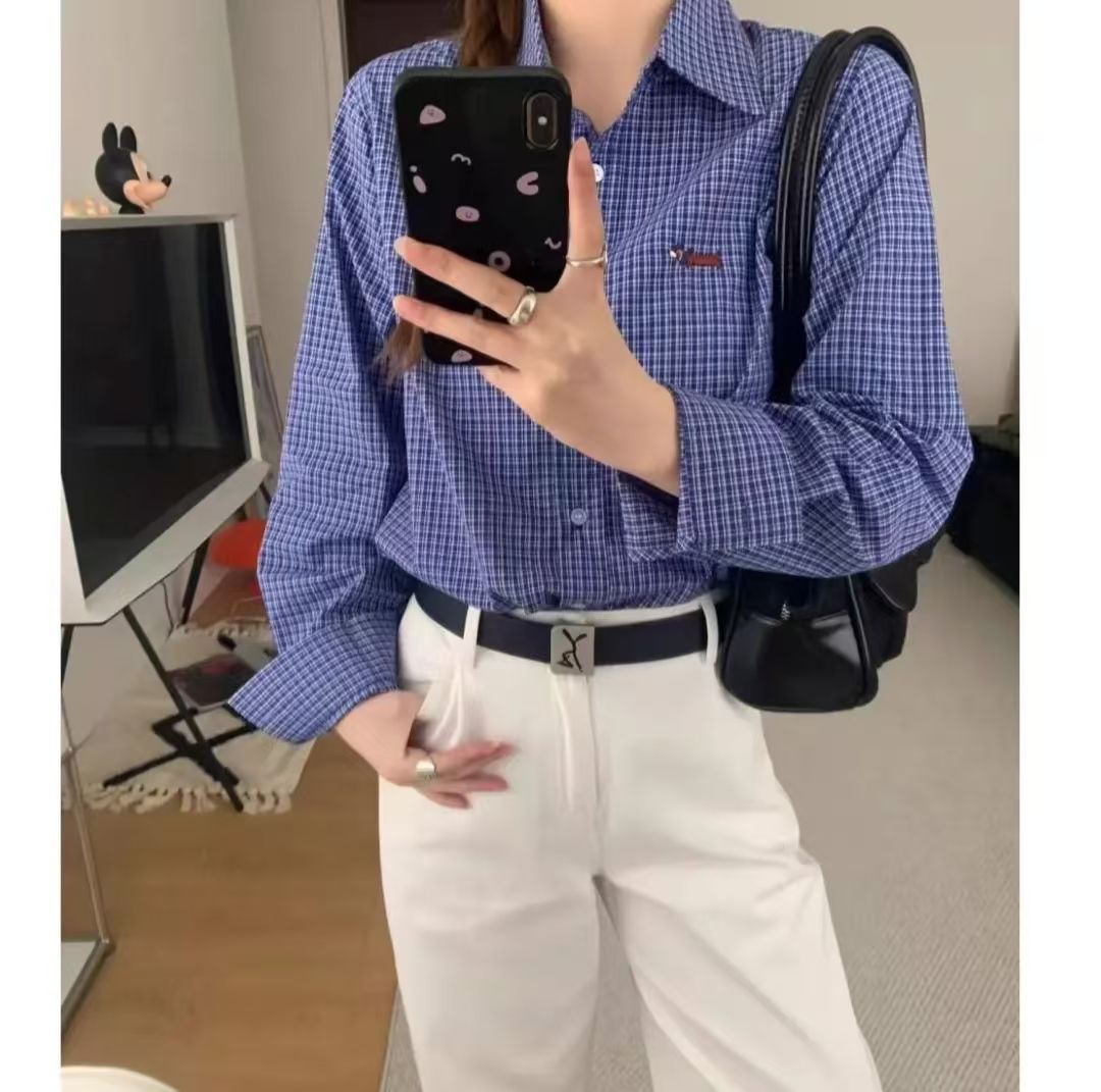 Puppy embroidery design 2025 spring and autumn blue plaid shirt for women niche age-reducing commuting versatile top