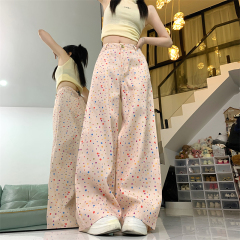 Real-life spring and summer new dopamine polka dot straight pants for women loose high waist slimming wide-leg casual floor trousers