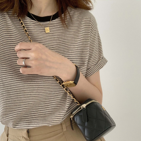 95 cotton 5 spandex large size short sleeve women loose Korean style oversize striped t-shirt Hong Kong style retro chic