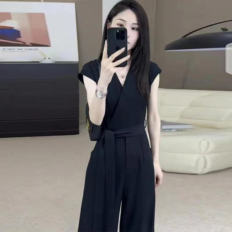 氣質女神范連體褲女夏季職業通勤時尚法式v領束腰修身顯瘦闊腿褲