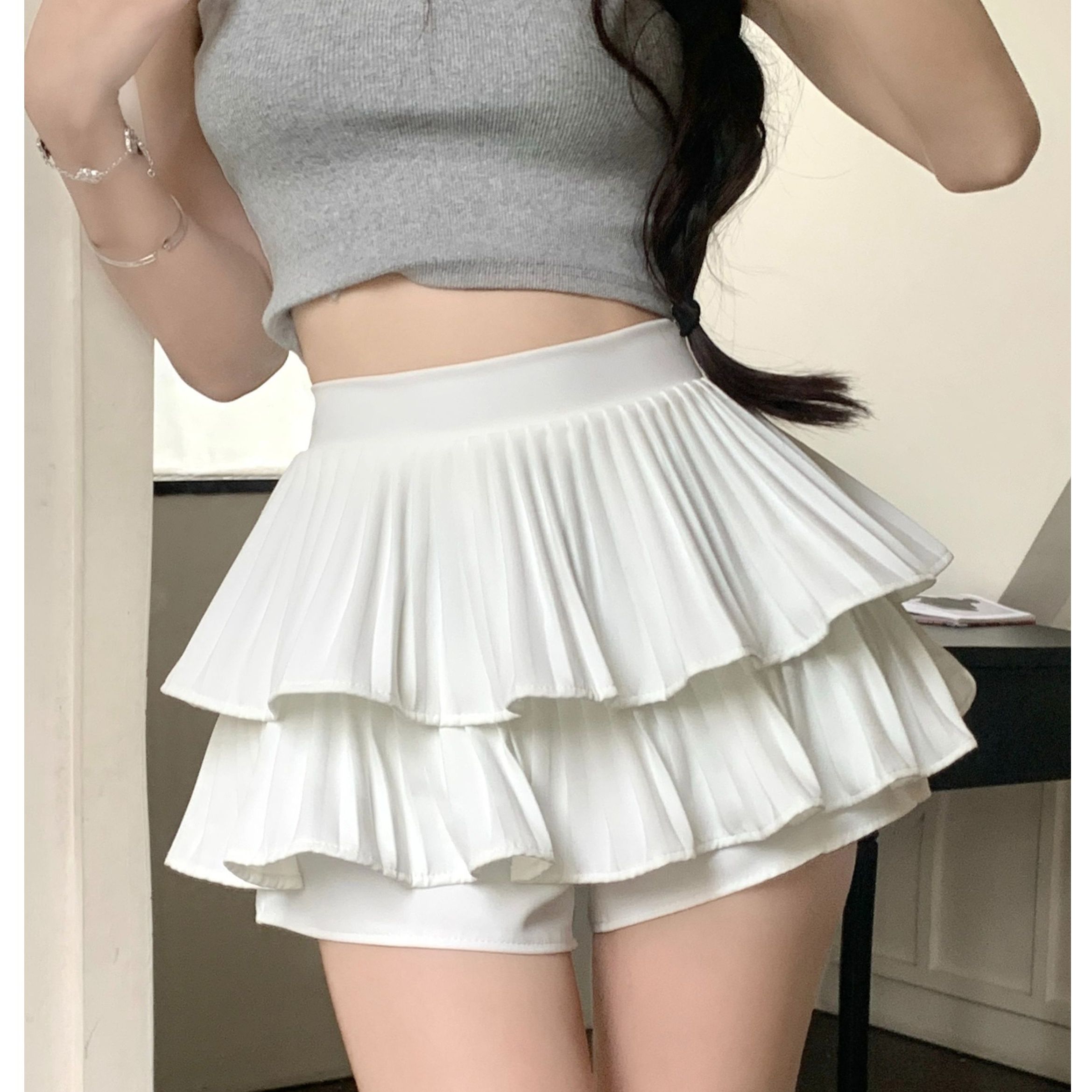 雙層蛋糕百褶裙百搭短裙夏季防走光少女短褲裙高腰A字半身蓬蓬裙