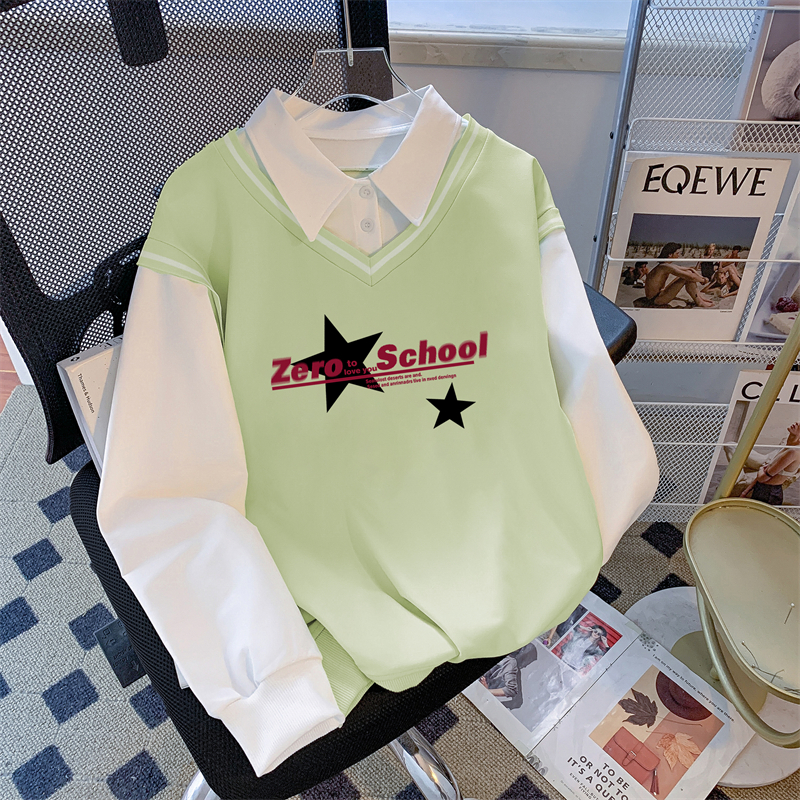 Real photo of the street back bag collar twill thin POLO collar sweatshirt for women cartoon long-sleeved jacket design top internet celebrity