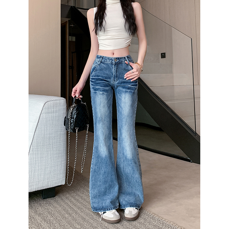 實拍 韓系美式復古辣妹微喇叭牛仔褲女新款設計感高腰寬鬆長褲子