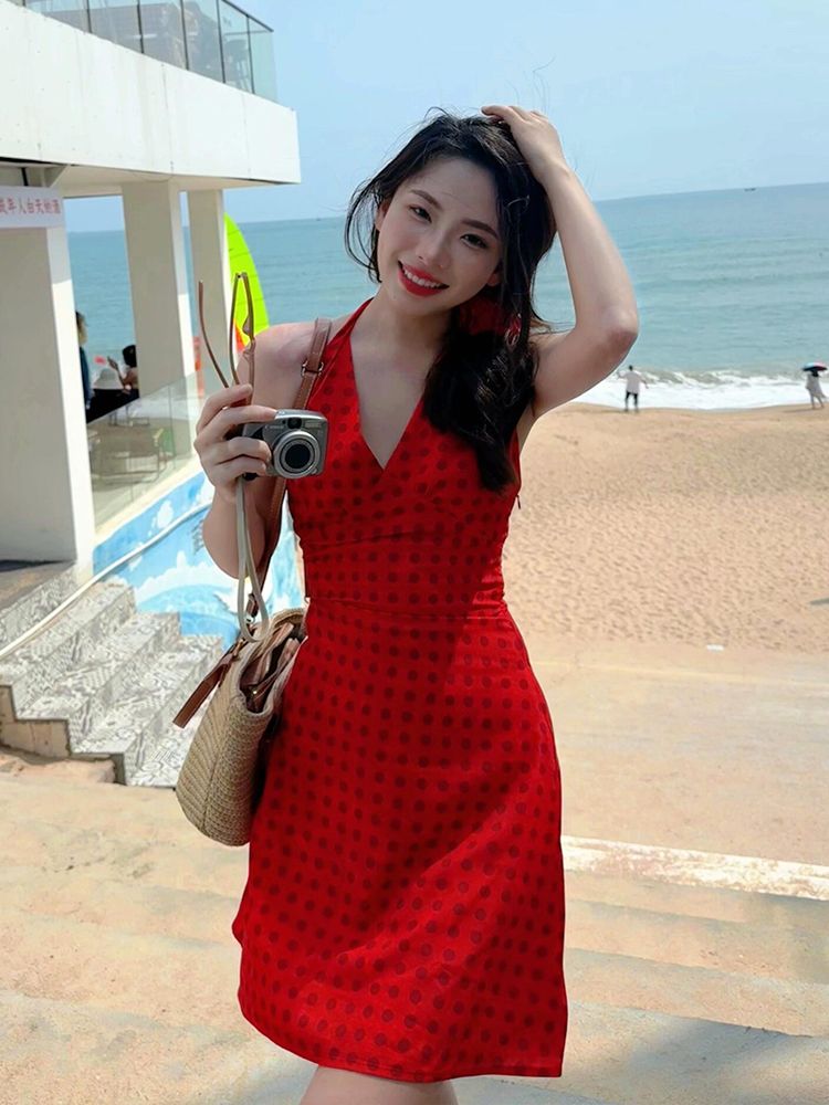 Pure and lustful temperament halter neck deep V-degree dress for women summer polka dot retro short skirt