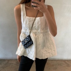 2025韓國時尚東大門特殊紋理蓬蓬裙吊帶 甜美純色短款無袖上衣
