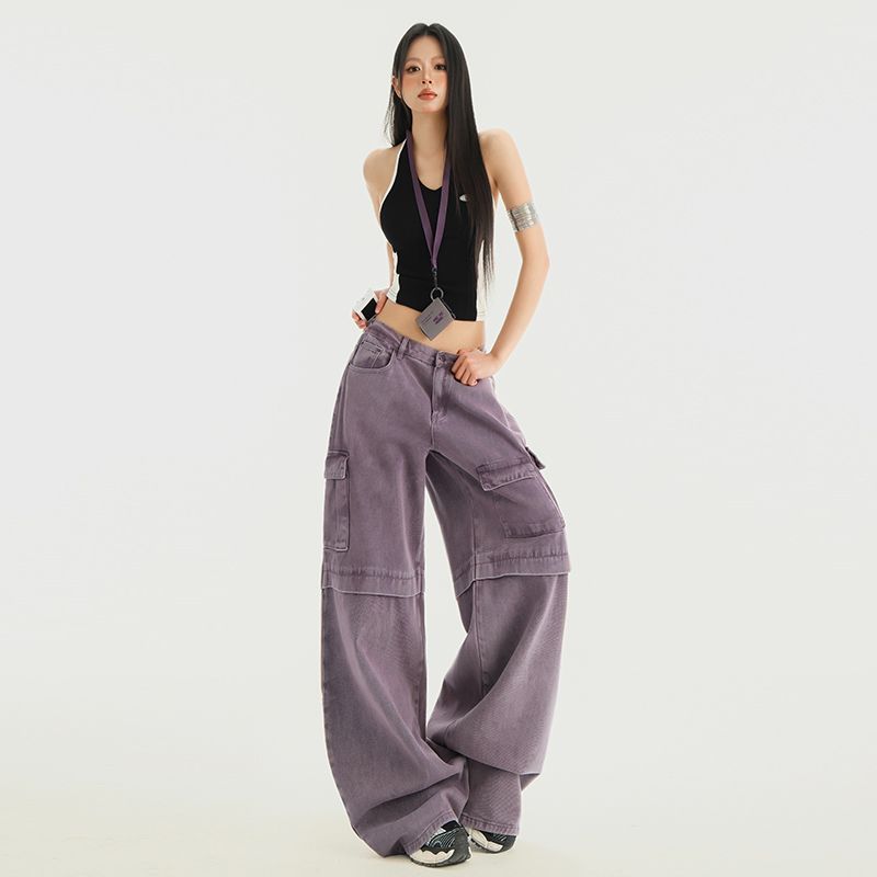 2025夏季新款25th ootd!｜美式復古紫薯色工裝辣妹寬鬆闊腿拖地褲